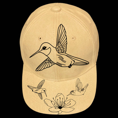 Hummingbird And Cherry Blossoms burned hat burning design on a baseball cap