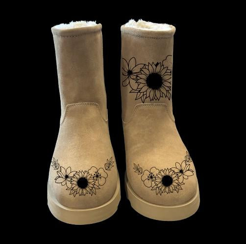 Sunflower boot burning design on a pair of boots.