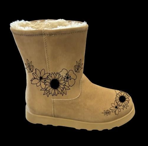 Sunflower boot burning design on a pair of boots side view.