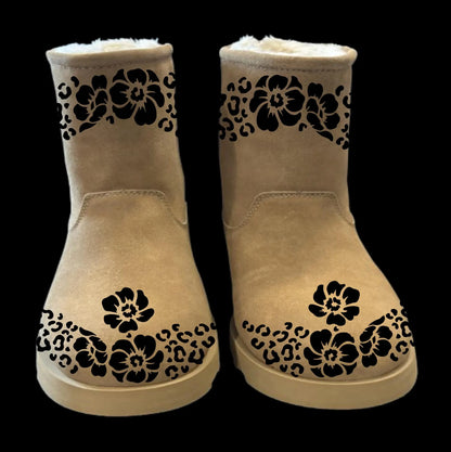 Cheetah boot burning design (black) on a pair of boots front view.