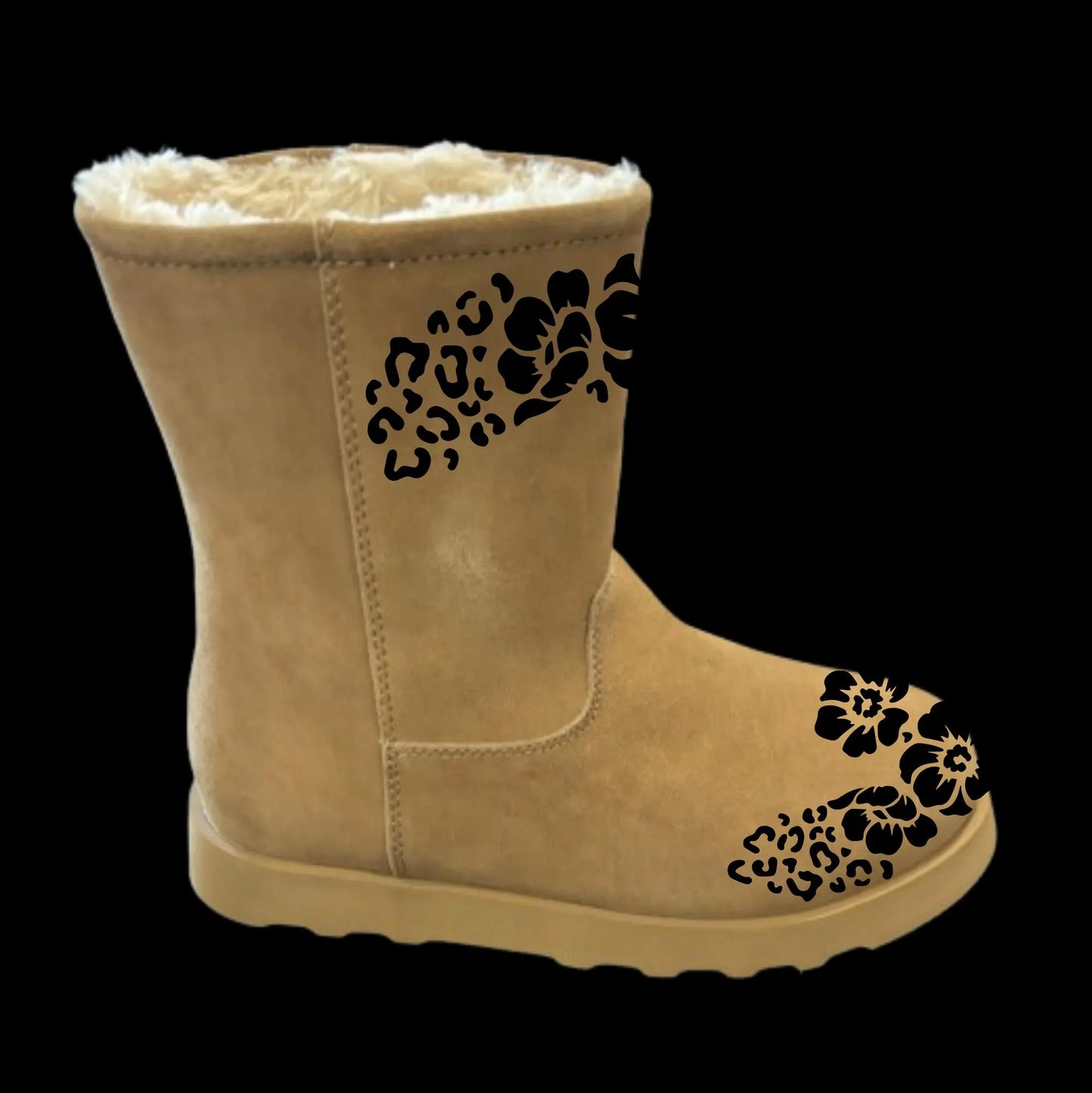 Cheetah boot burnin design (black) on a pair of boots side view.