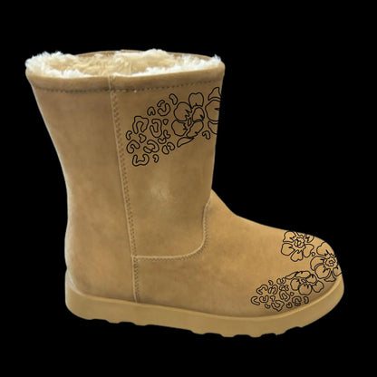 Cheetah boot burning design (outline) on a pair of boots side view.