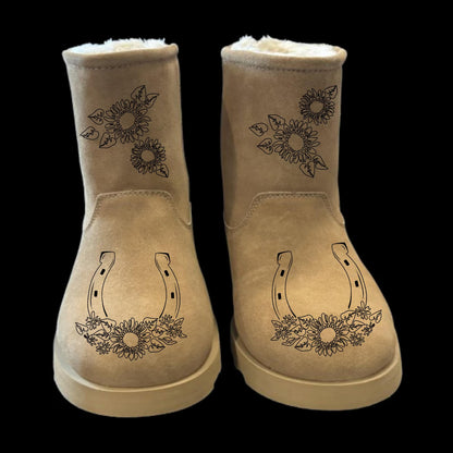 Horseshoes And Sunflowers boot burning design on a pair of boots front view