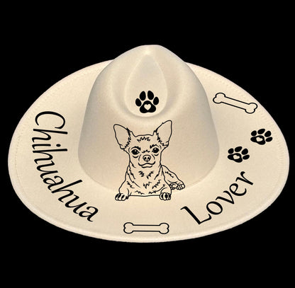 Chihuahua Lover burned hat design on a wide brim hat (rear view)