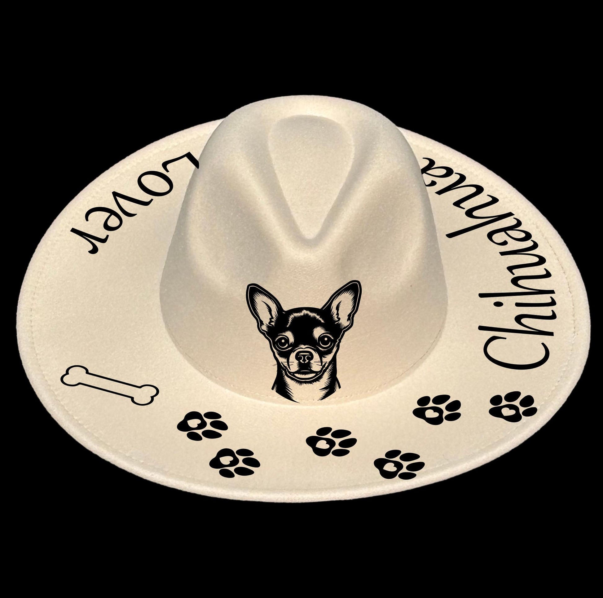 Chihuahua Lover hat burning design on a wide brim (front view)