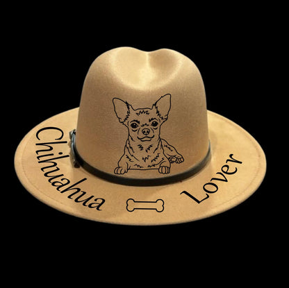 Chihuahua Lover hat burning design on a narrow brim hat (back view)