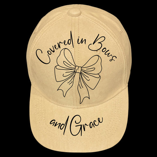 Covered In Bows And Grace burned hat burning design on a baseball cap.