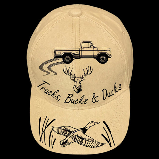 Trucks Bucks And Ducks burned hat burning design on a baseball cap