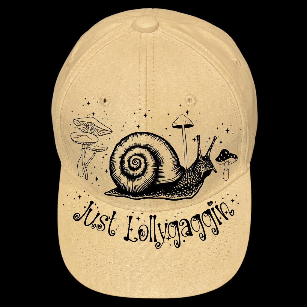 Just Lollygaging burned hat burning design on a baseball cap
