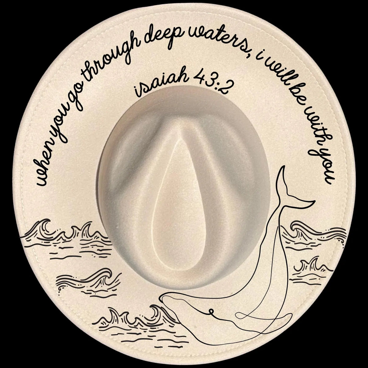 Deep Waters burned hat burning design on a wide brim hat