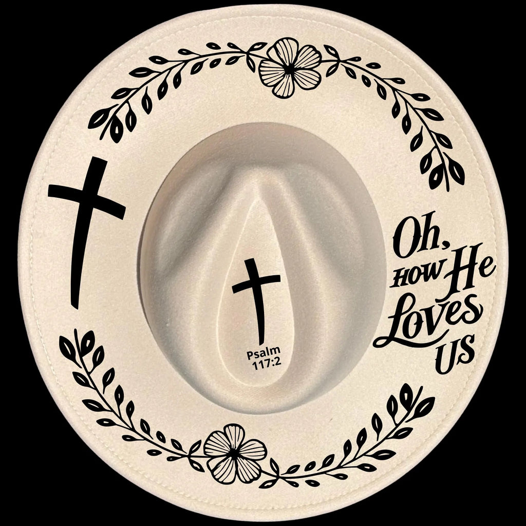 Oh How He Loves Us burned hat burning design on a wide brim hat