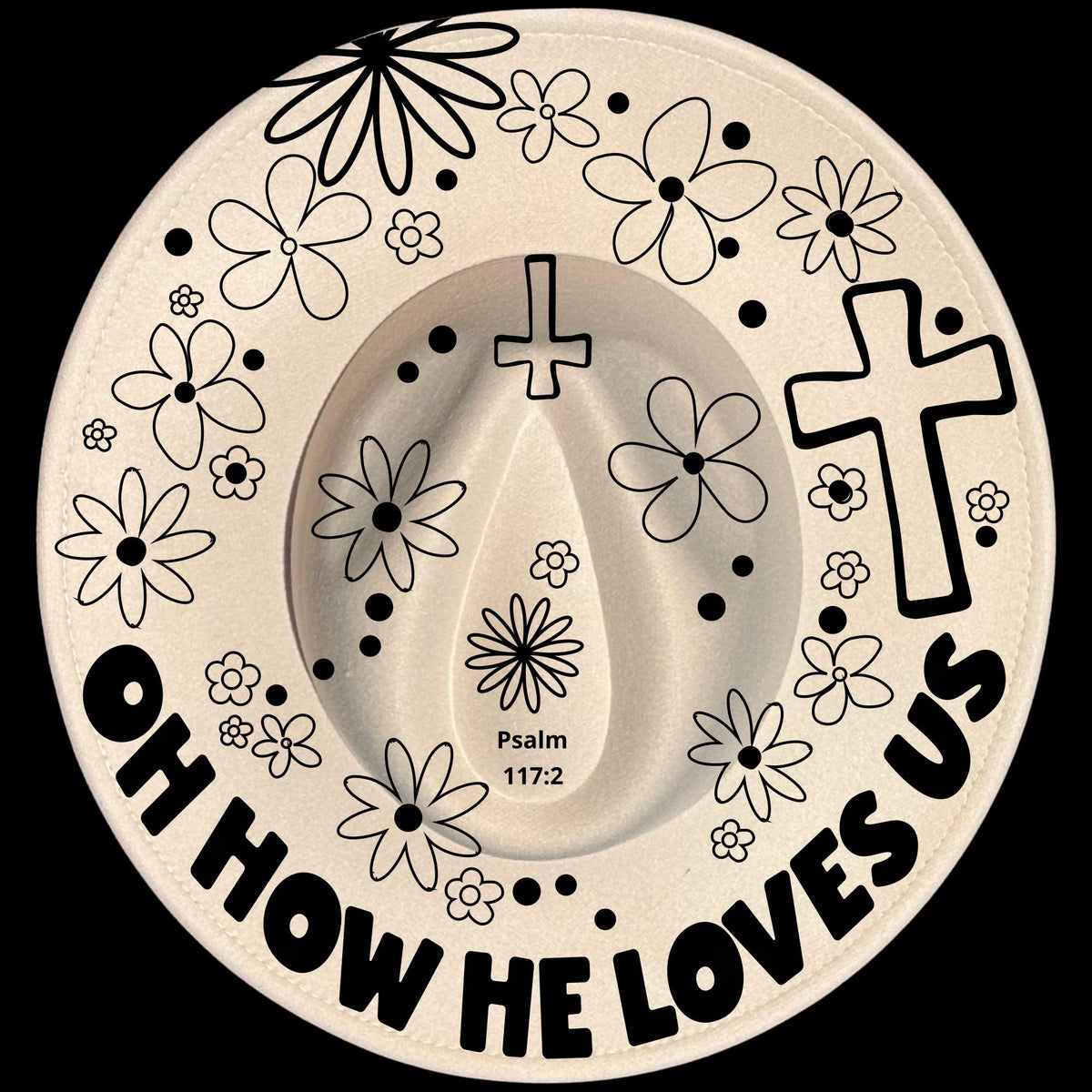 Oh How He Loves Us Groovy burned hat burning design on a wide brim hat