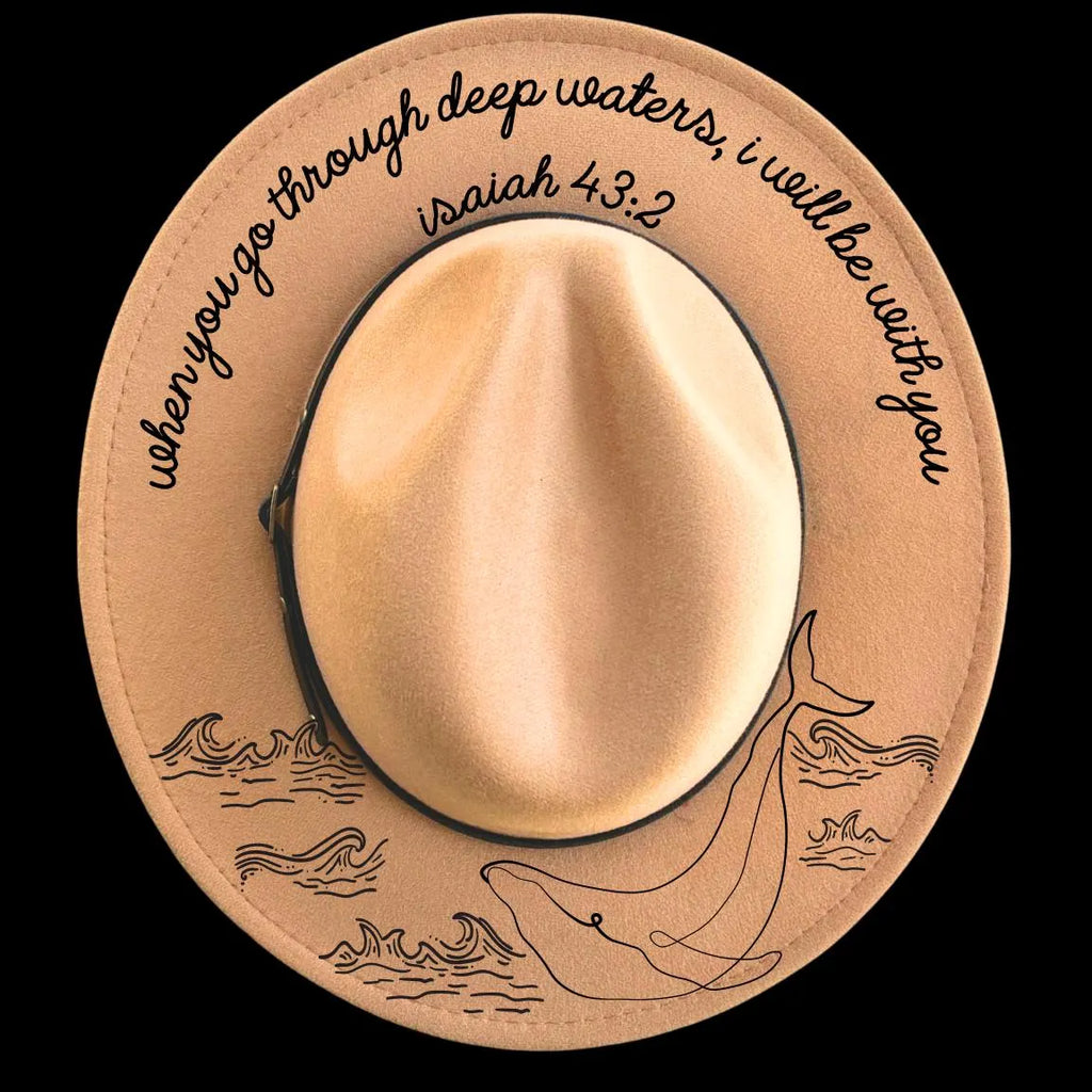 I Will Be With You burned hat burning design on a narrow brim hat