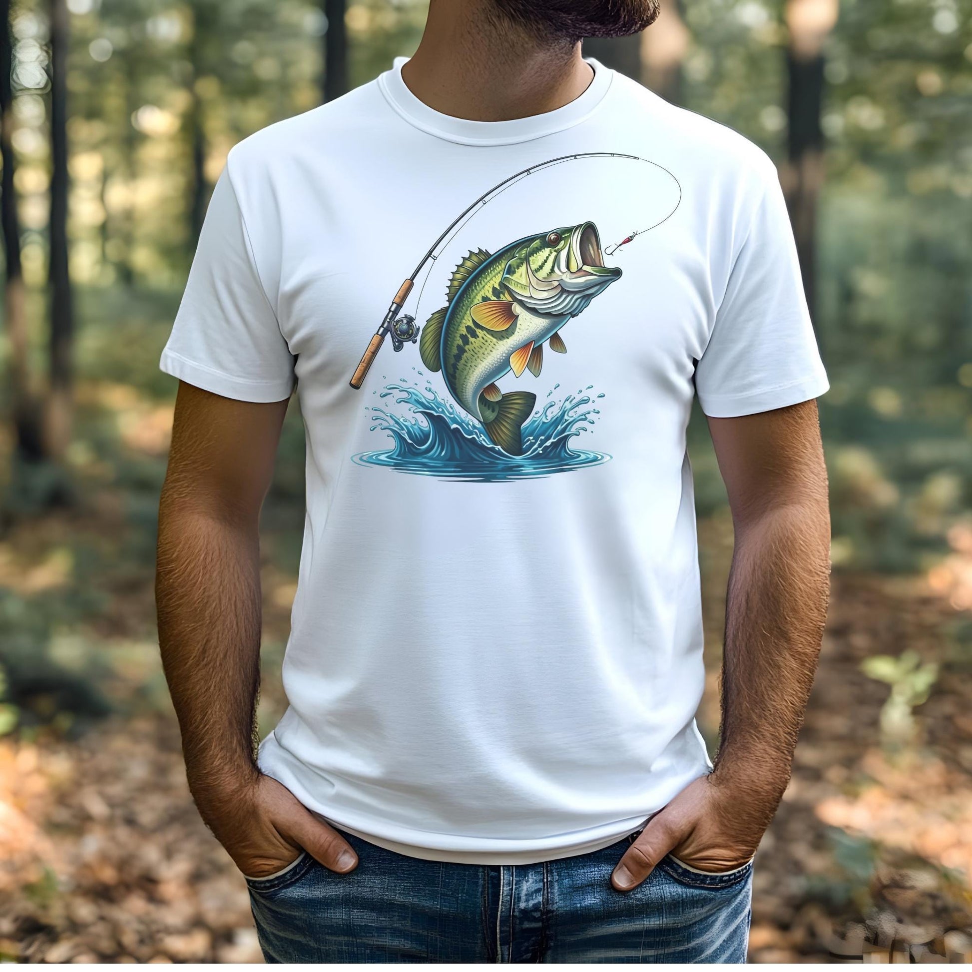 Bait Cast Catch Repeat graphic design on a man’s white t-shirt