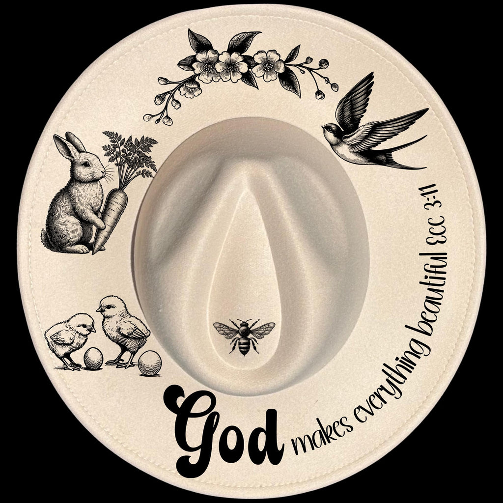 God Makes Everything Beautiful burned hat burning design on a wide brim hat