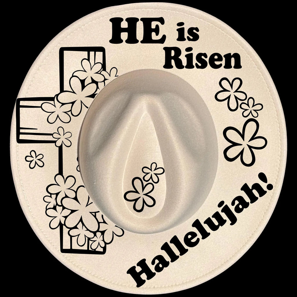 He Is Risen Hallelujah burned hat burning design on a wide brim hat