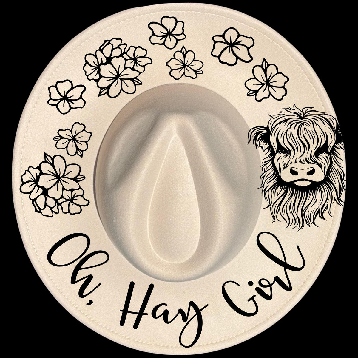 Oh Hay Girl burned hat burning design on a wide brim hat