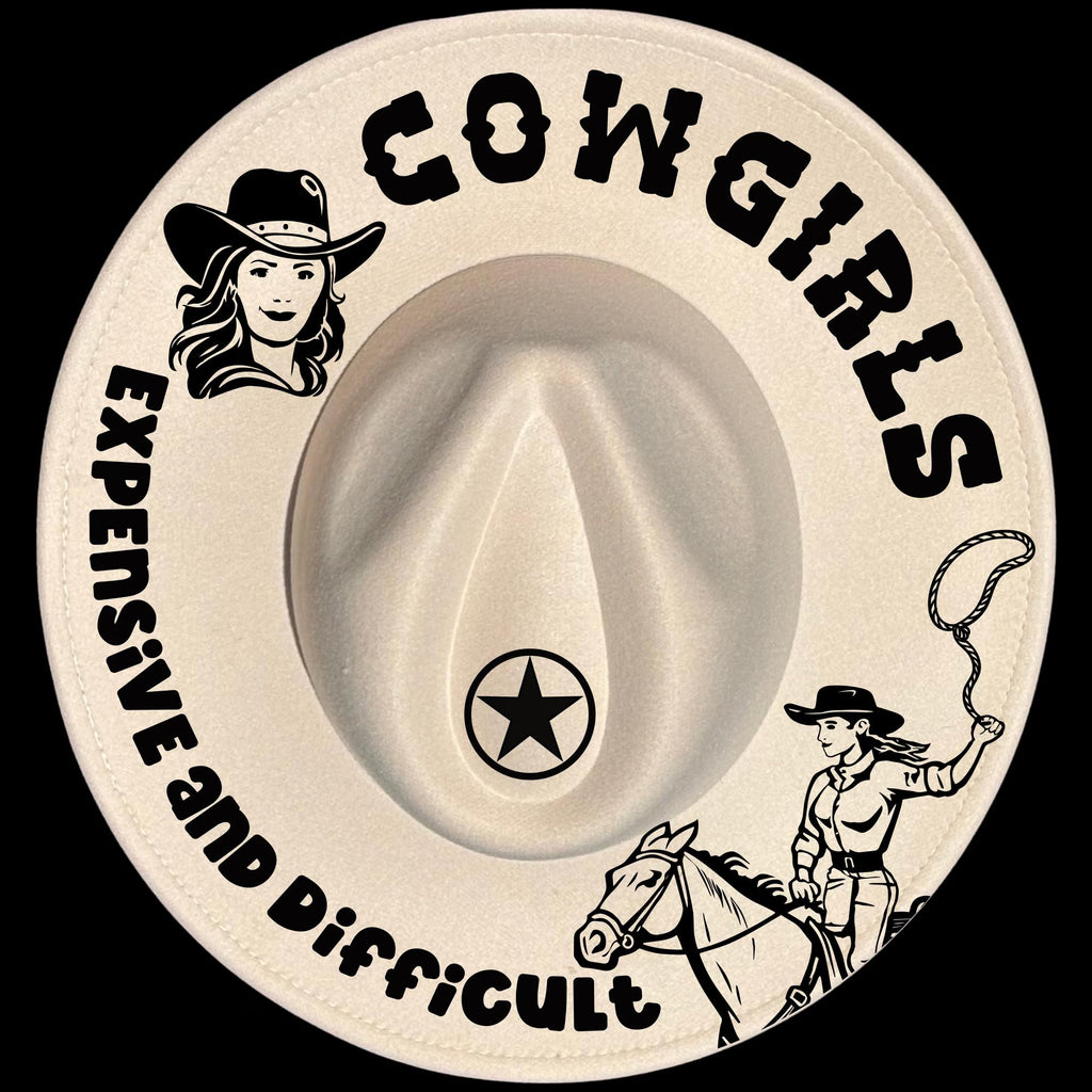 Cowgirls Expensive And Difficult burned hat burning design on a wide brim hat