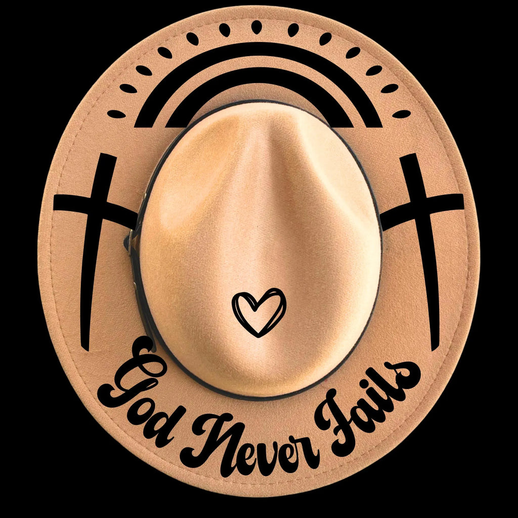 God Never Fails burned hat burning design on a narrow brim hat.