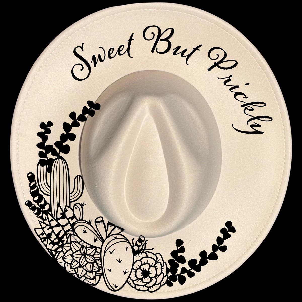 Sweet But Prickly burned hat burning design on a wide brim hat