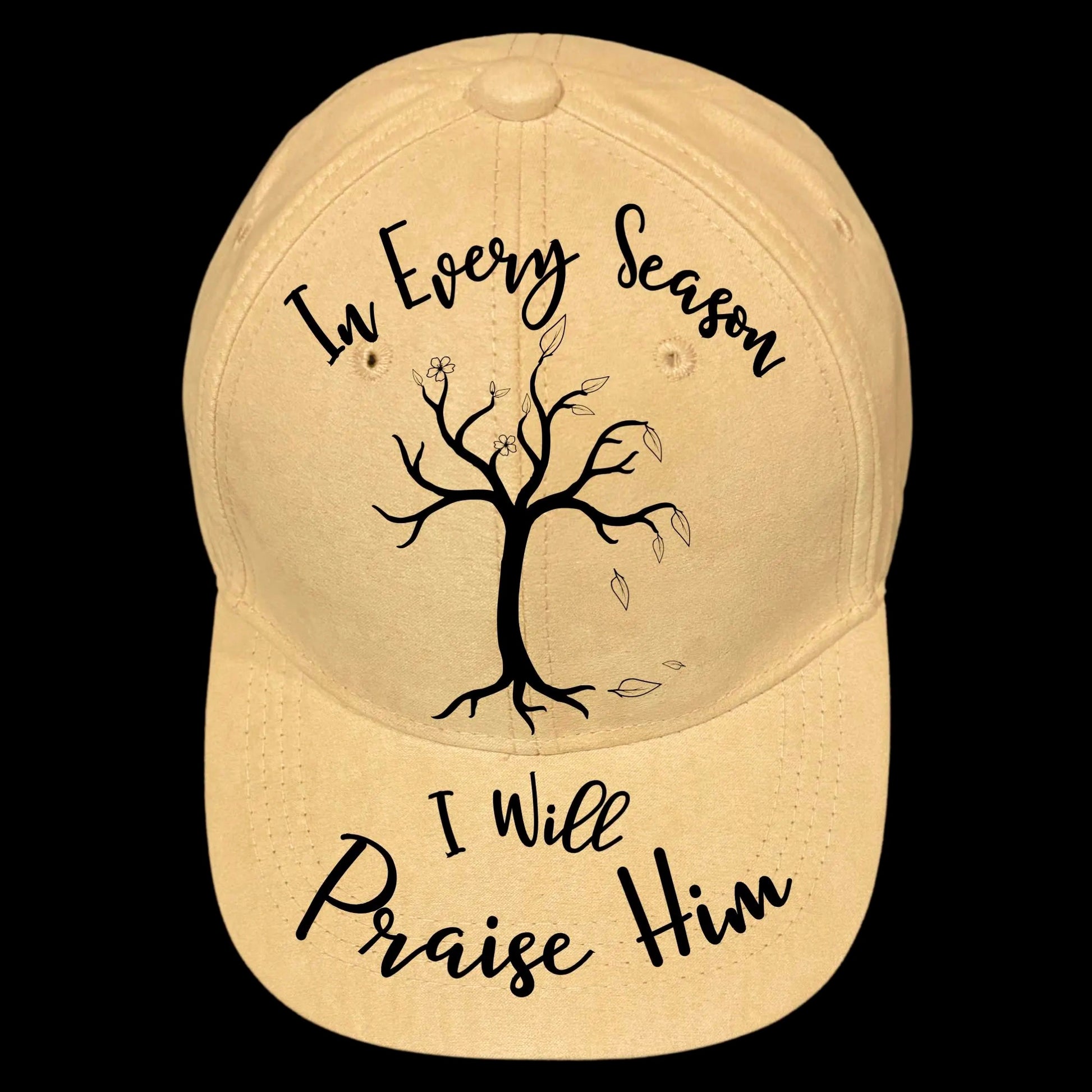 In Every Season burned hat burning design on a baseball cap.