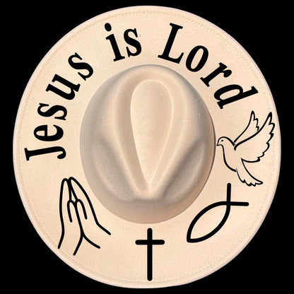 Jesus Is Lord burned hat burning design on a wide brim hat