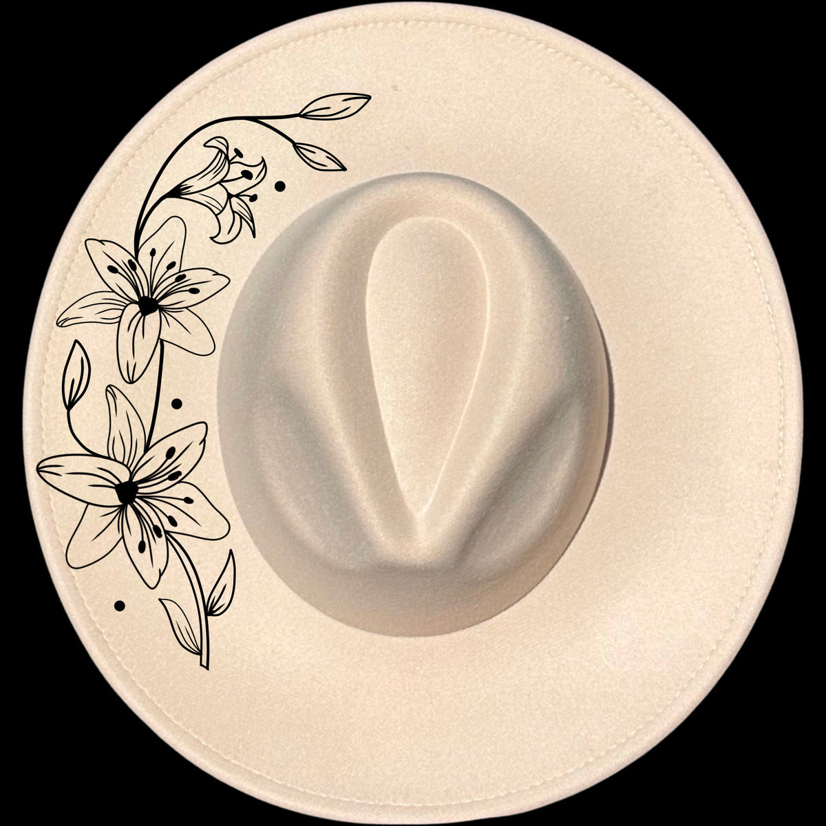 Lily wreath design on a wide brim hat