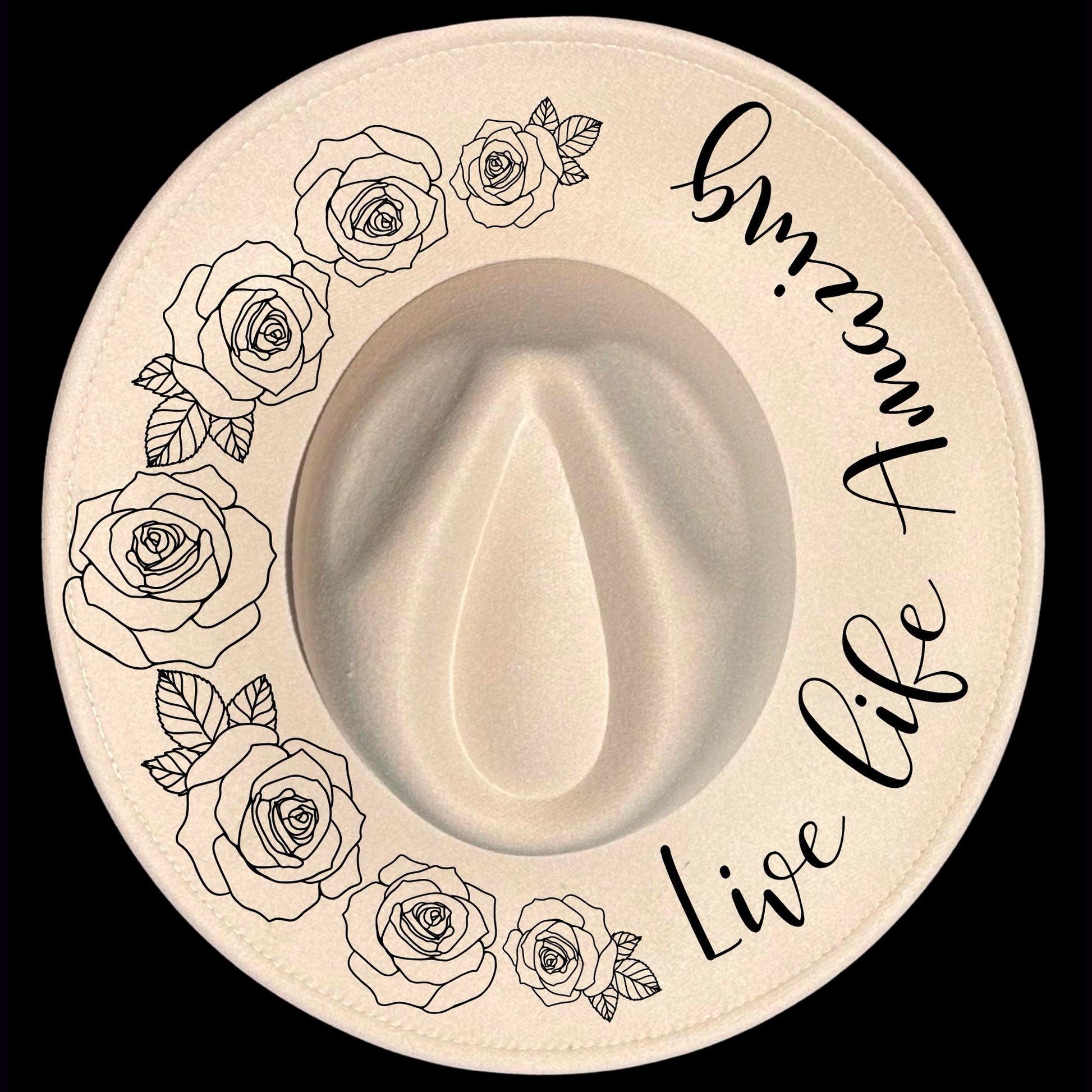 Live Life Amazing burned hat burning design on a wide brim hat