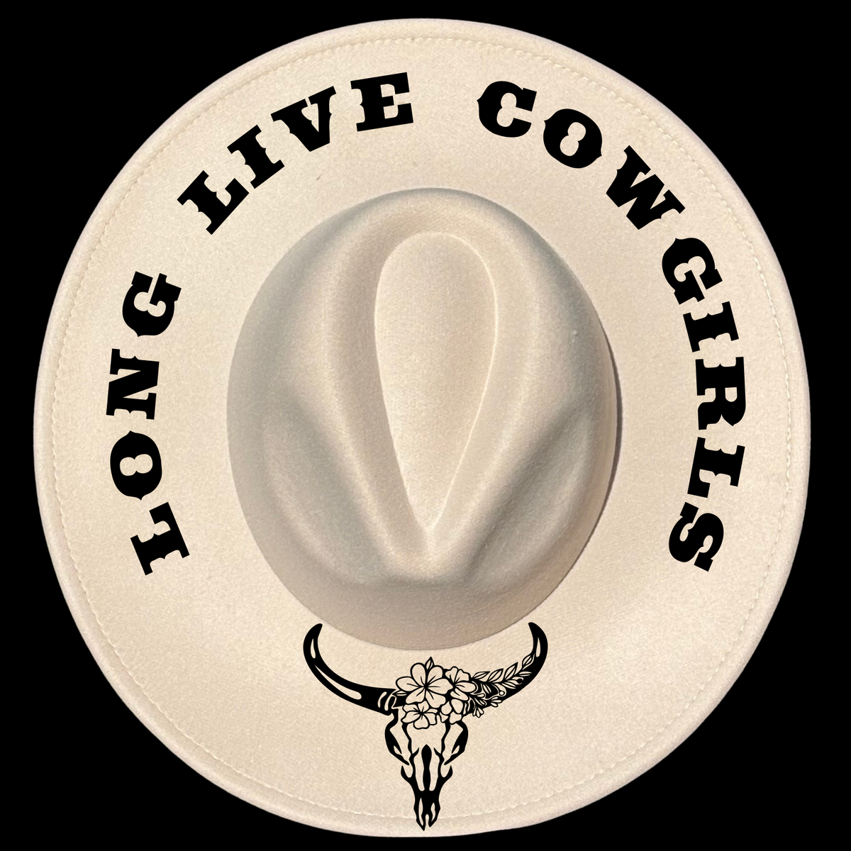 Long live cowgirls hat burning design on a wide brim hat