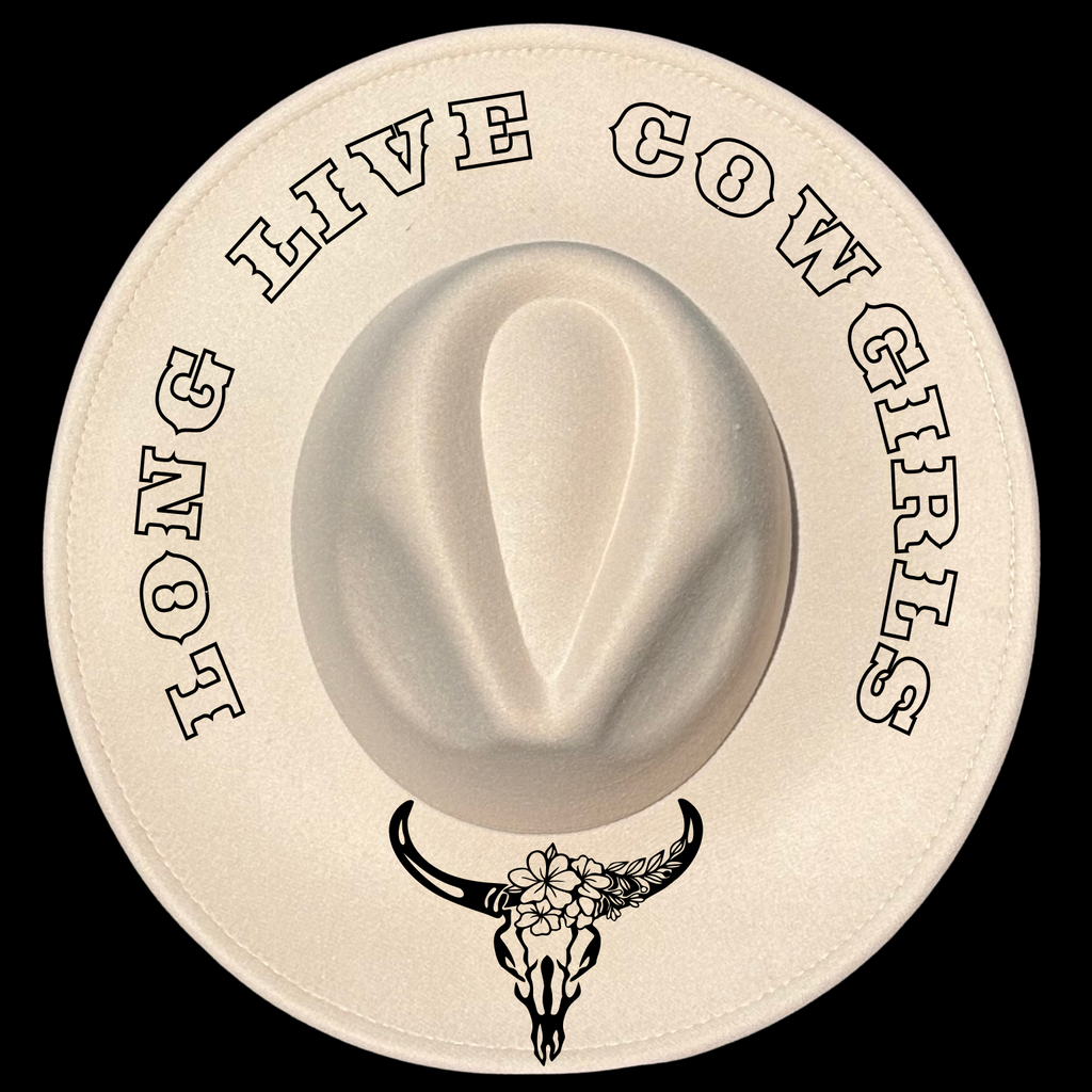 A beige wide brim hat with the text 'Long Live Cowgirls' and a bull skull design at the bottom.