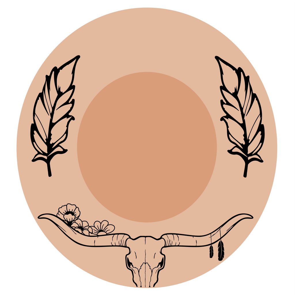 Longhorn feathers hat burning design on a wide brim hat