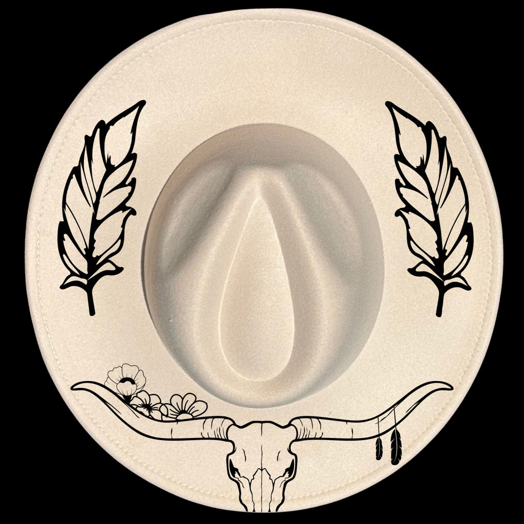 Longhorns feathers hat burning design on a wide brim hat
