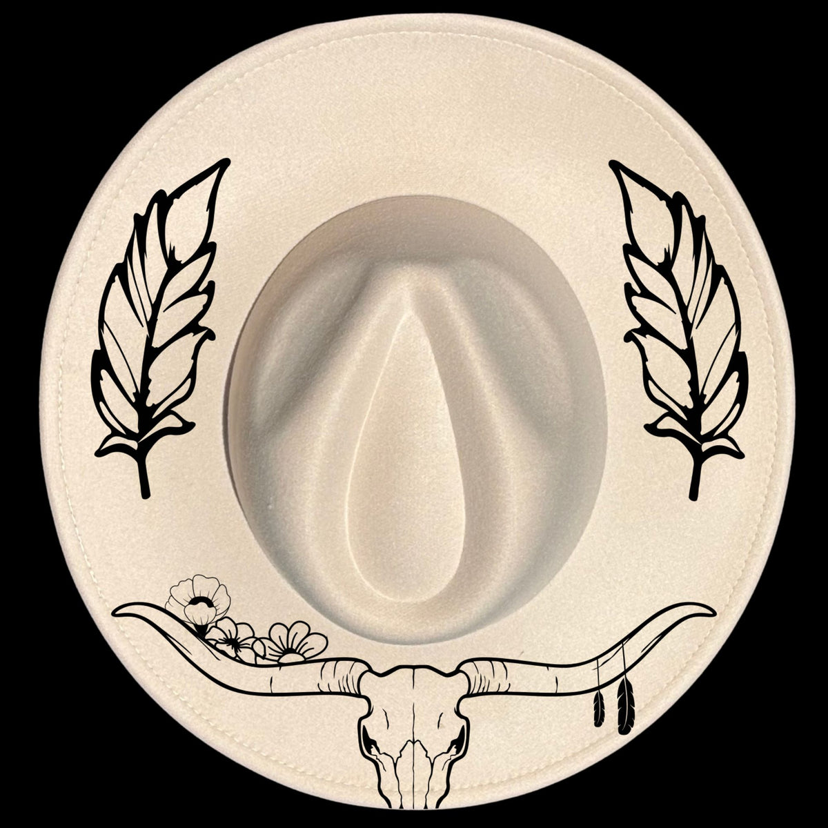 Longhorns feathers hat burning design on a wide brim hat