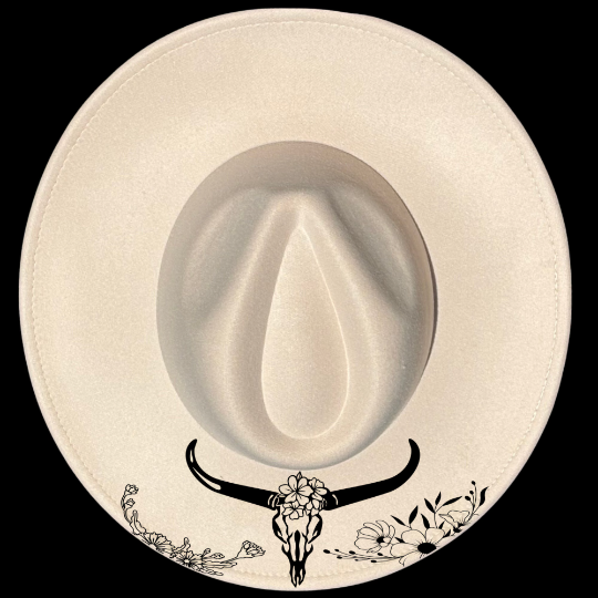 Longhorn Cow Skull Floral Wide Brim Hat Burning Design  display picture 2
