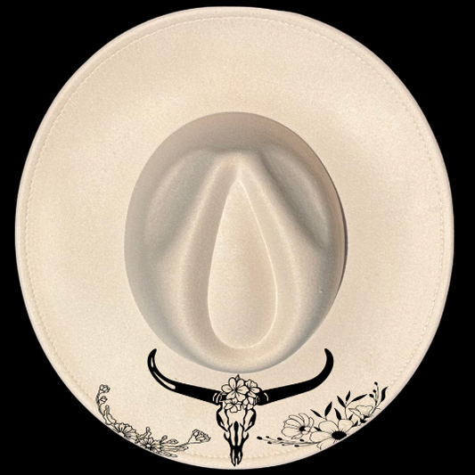 Longhorn Cow Skull Floral design on a wide brim hat