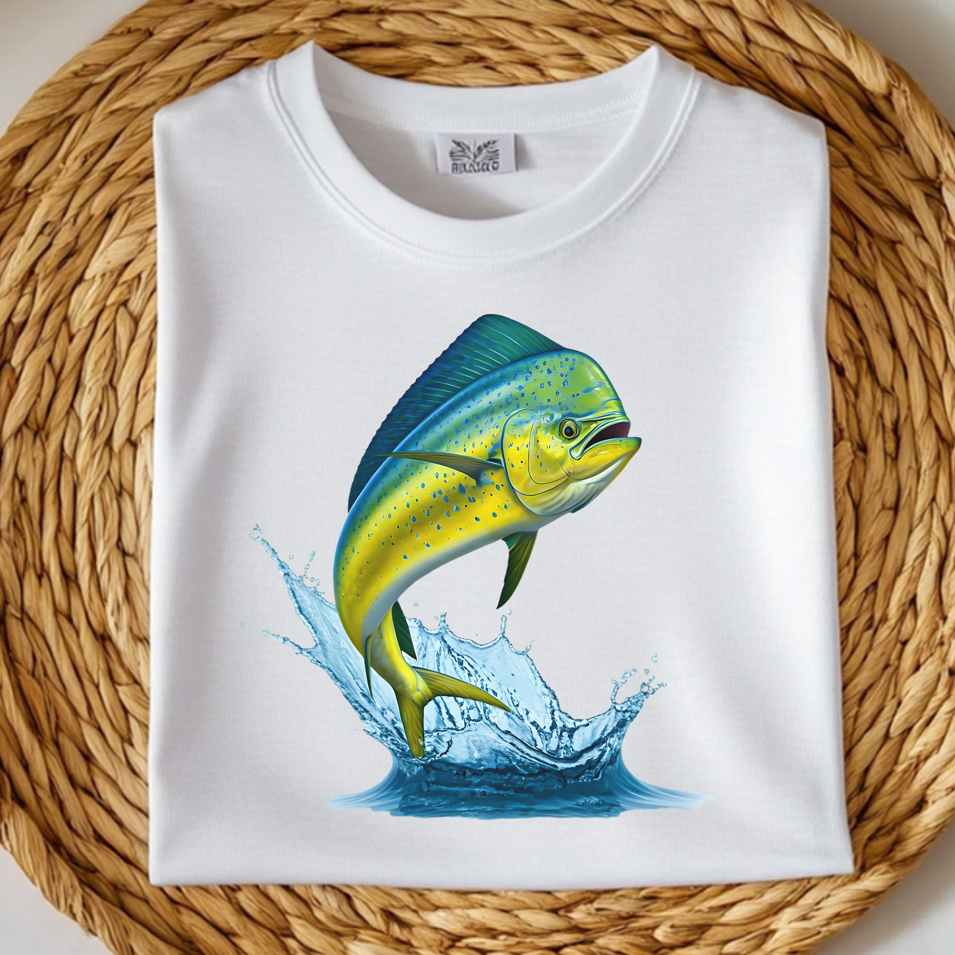 Mahi-Mahi Dolphinfish Jumping PNG Digital Design on a folded white t-shirt