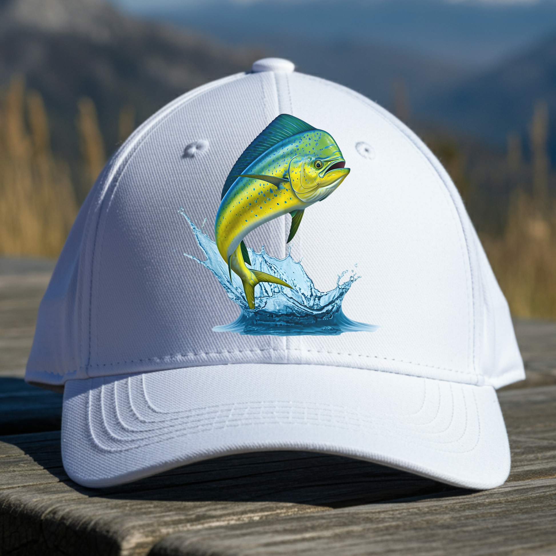 Mahi-Mahi Dolphinfish Jumping PNG Digital Design on a baseball cap