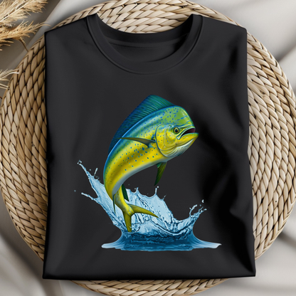 Mahi-Mahi Dolphinfish Jumping PNG Digital Design on a folded black t-shirt
