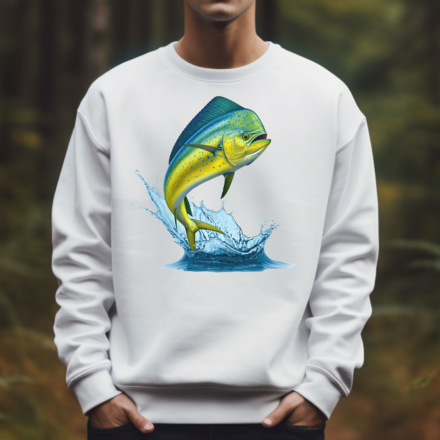Mahi-Mahi Dolphinfish Jumping PNG Digital Design on a man's white sweatshirt