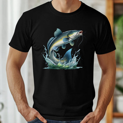 Black t-shirt with a catfish graphic on a blurred indoor background