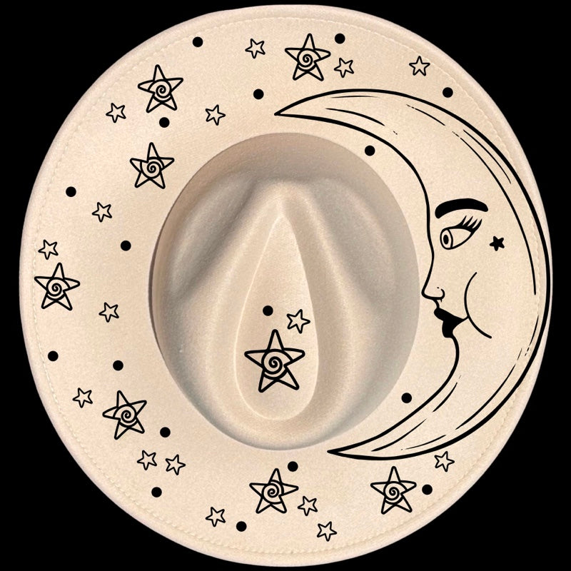 Moon Face design on a wide brim hat