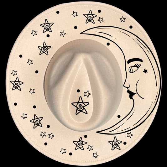 Moon Face design on a wide brim hat