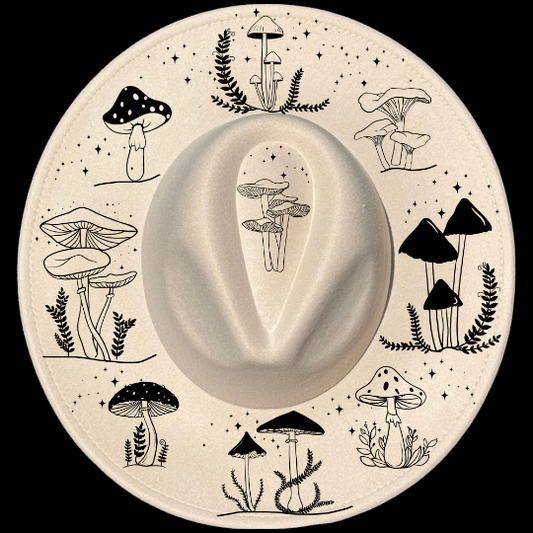 Mushroom Party design on a wide brim hat
