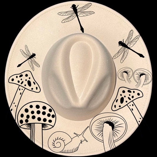 Mushroom Garden design on a wide brim hat