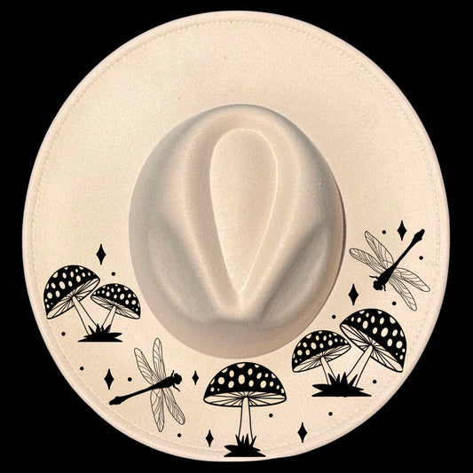 Mushrooms And Butterflies design on a wide brim hat