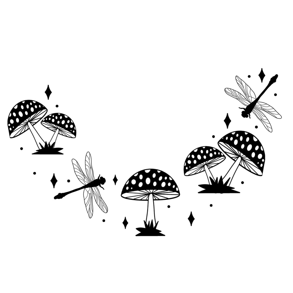 Mushrooms & Dragonflies hat burning design