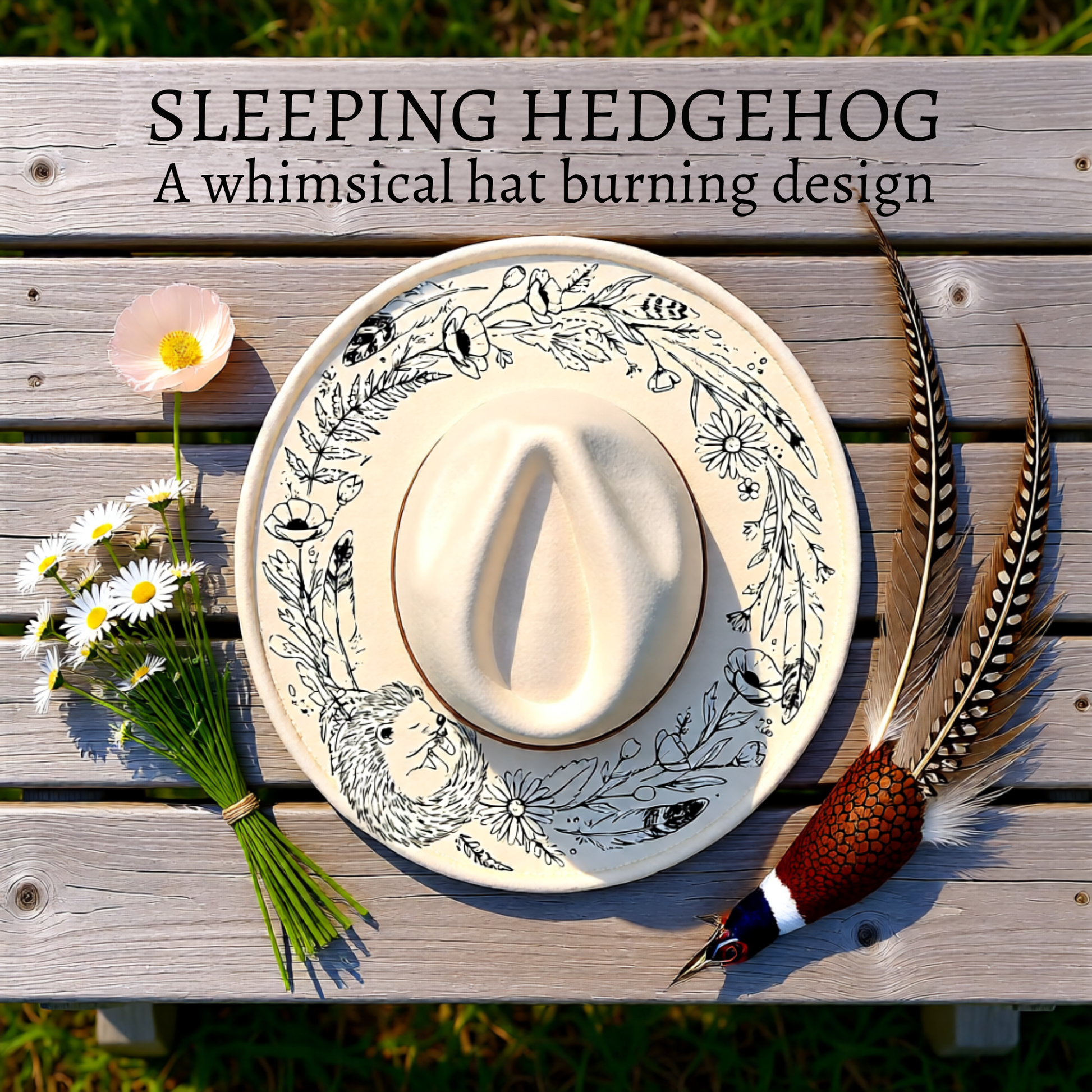 A wide brim hat on a slat board frame with the words "Sleeping Hedgehog - A whimsical hat burning design"