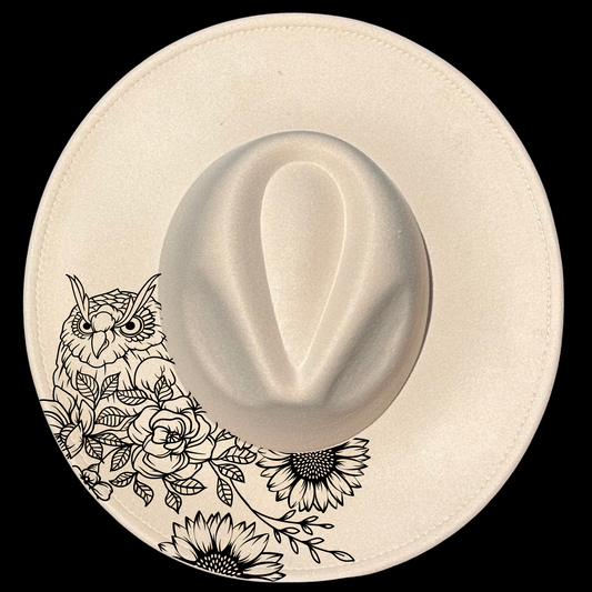 Owl Flowers design on a wide brim hat
