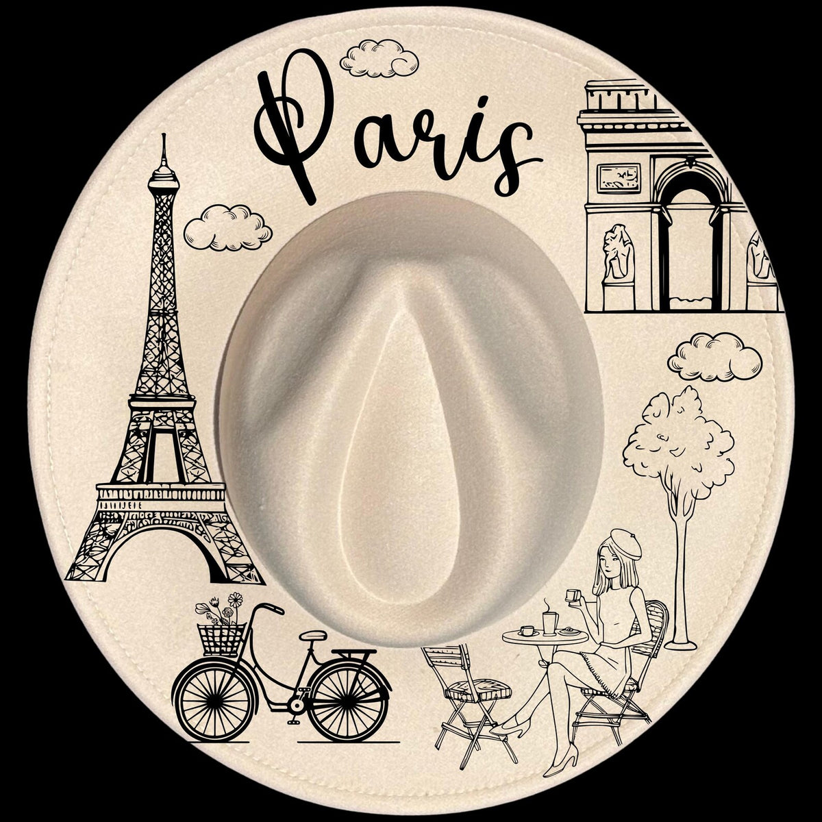 Paris Icons burned hat burning design on a wide brim hat