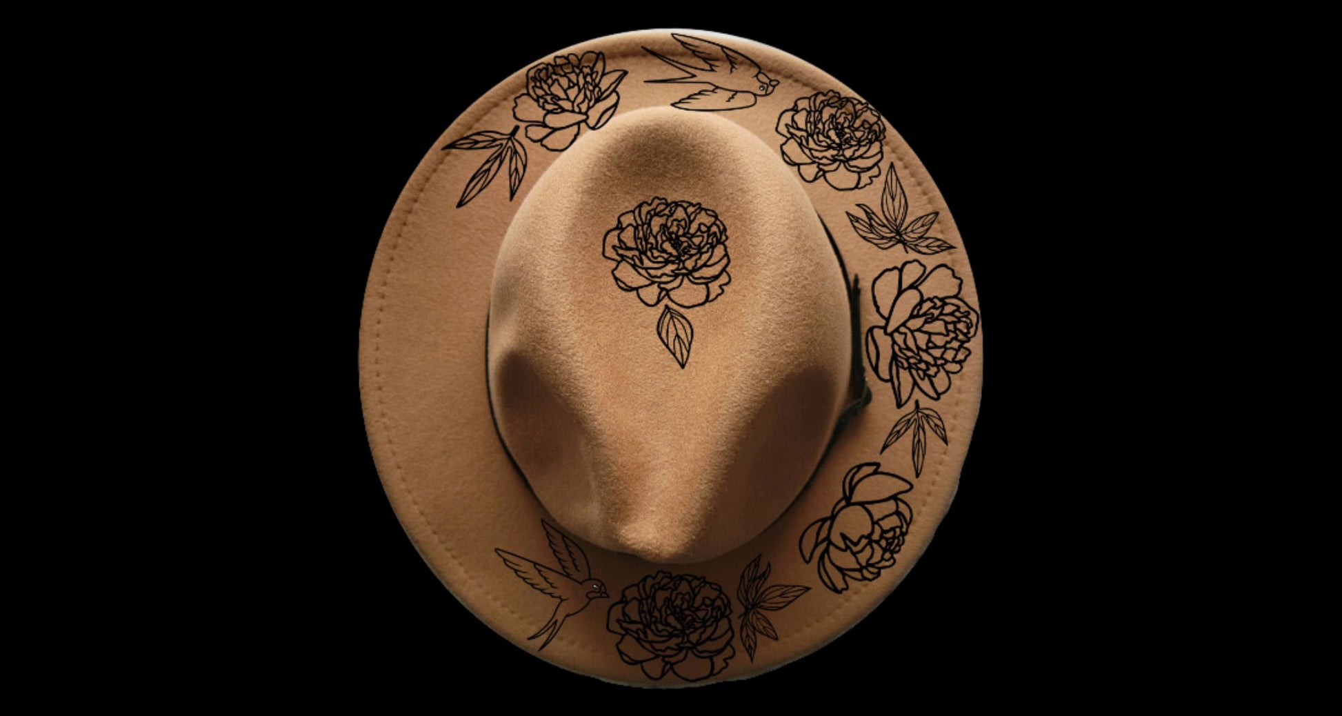 Swallows And Peonies design on a narrow brim hat
